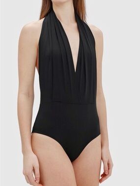 Wolford Honey Breeze Black Halter Plunge One-Piece Bodysuit